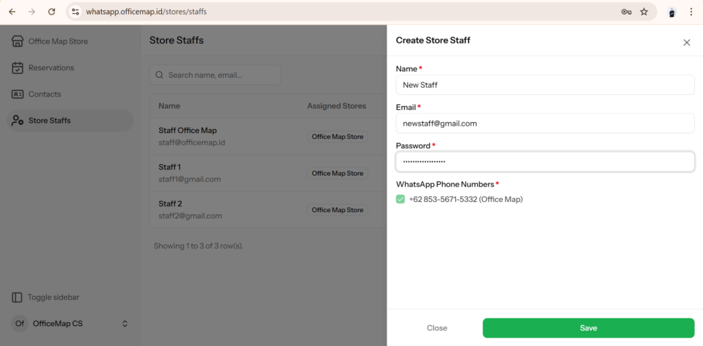 Tampilan input data staff baru meliputi nama, email, dan password.