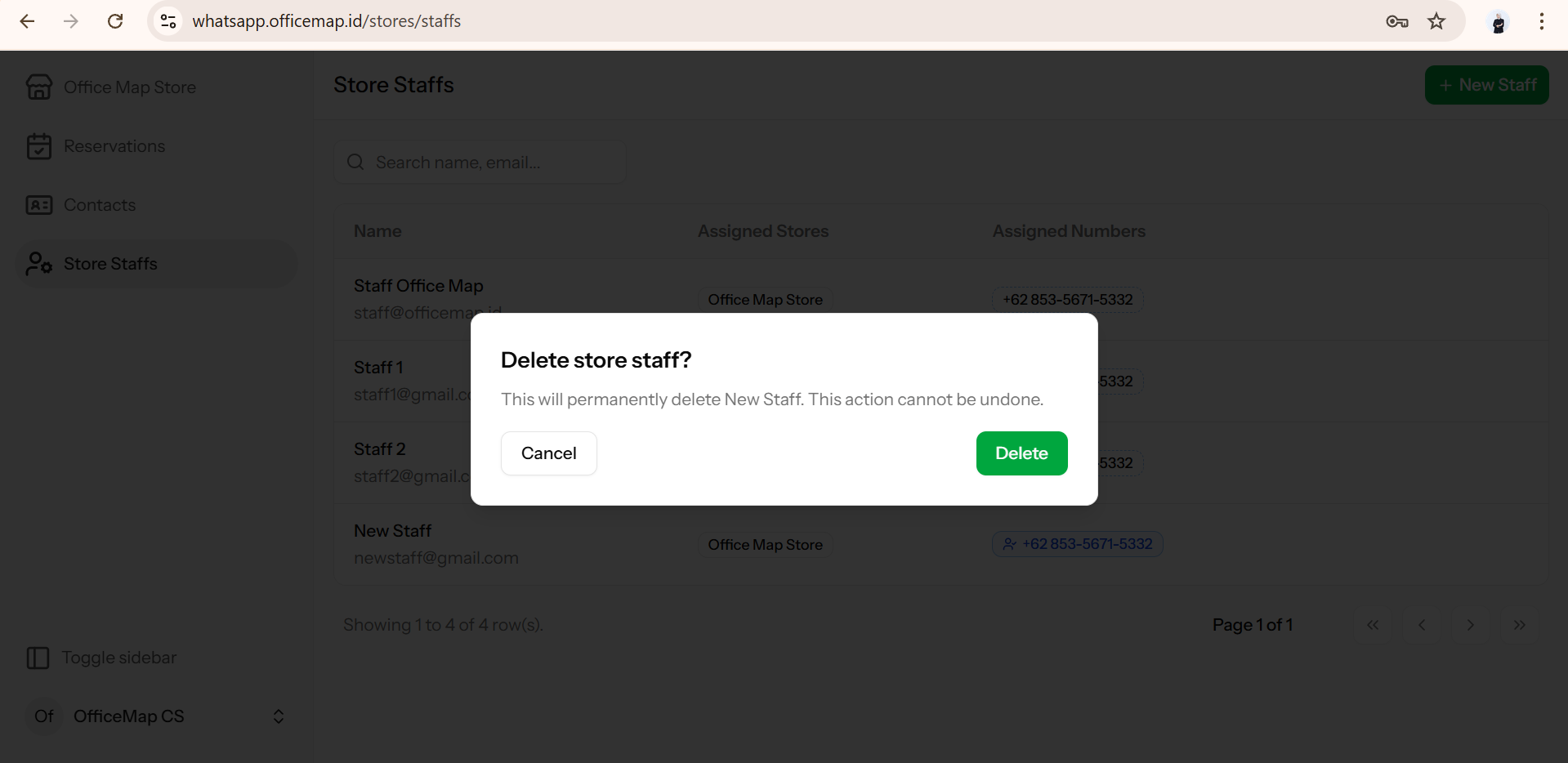 Jendela peringatan konfirmasi sebelum menghapus data anggota tim dari dashboard.