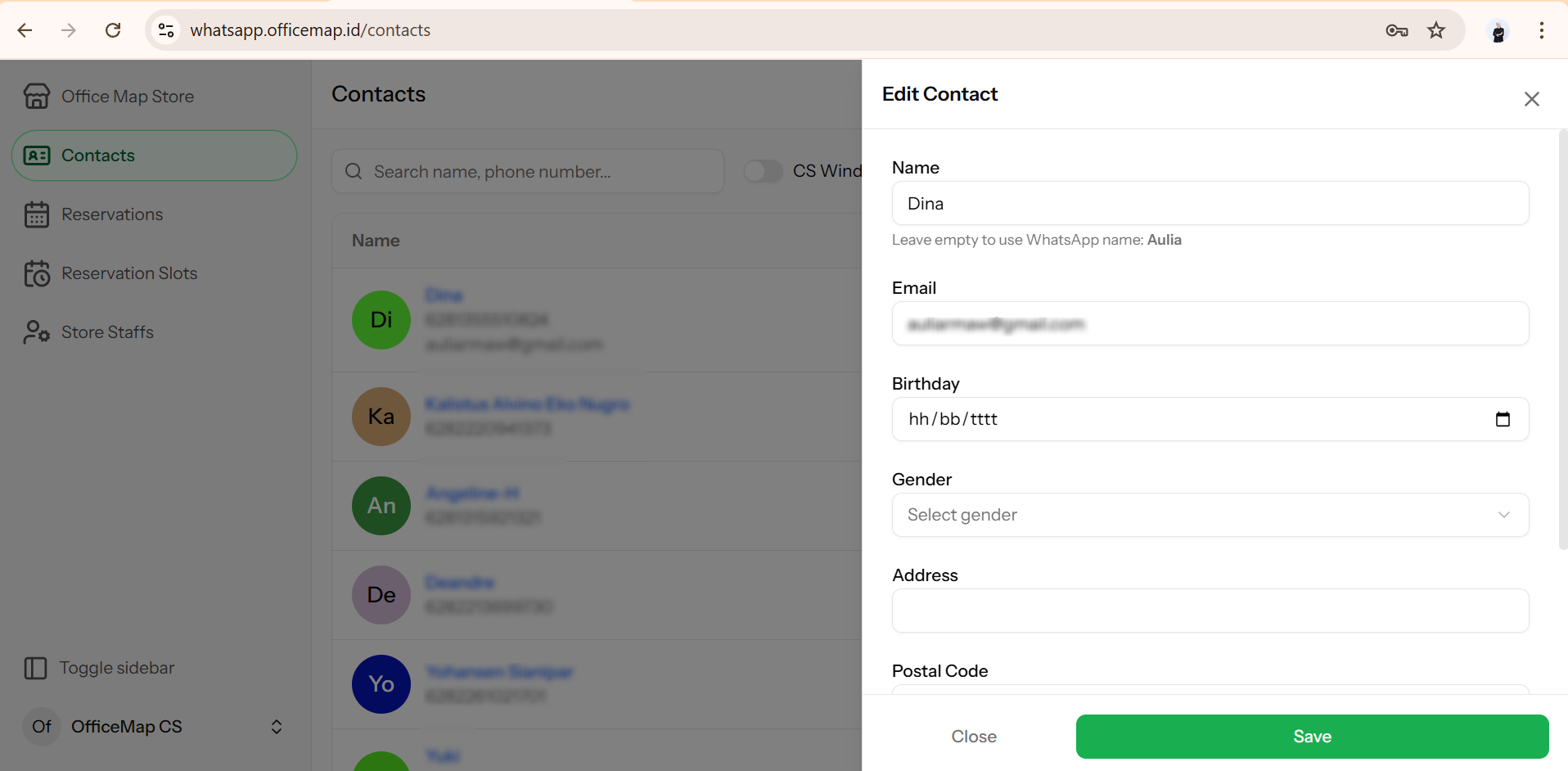 Tampilan formulir edit data kontak dan validasi nama pelanggan di dashboard WhatsApp CRM.