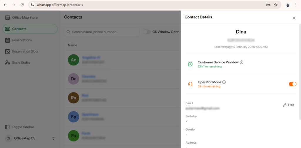 Fitur Operator Mode pada WhatsApp CRM Office Map untuk mematikan bot reservasi sementara waktu.