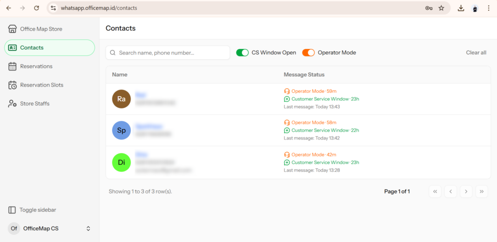 Tampilan menu Filter di dashboard Contacts Office Map untuk menyortir status CS Window dan Operator Mode.