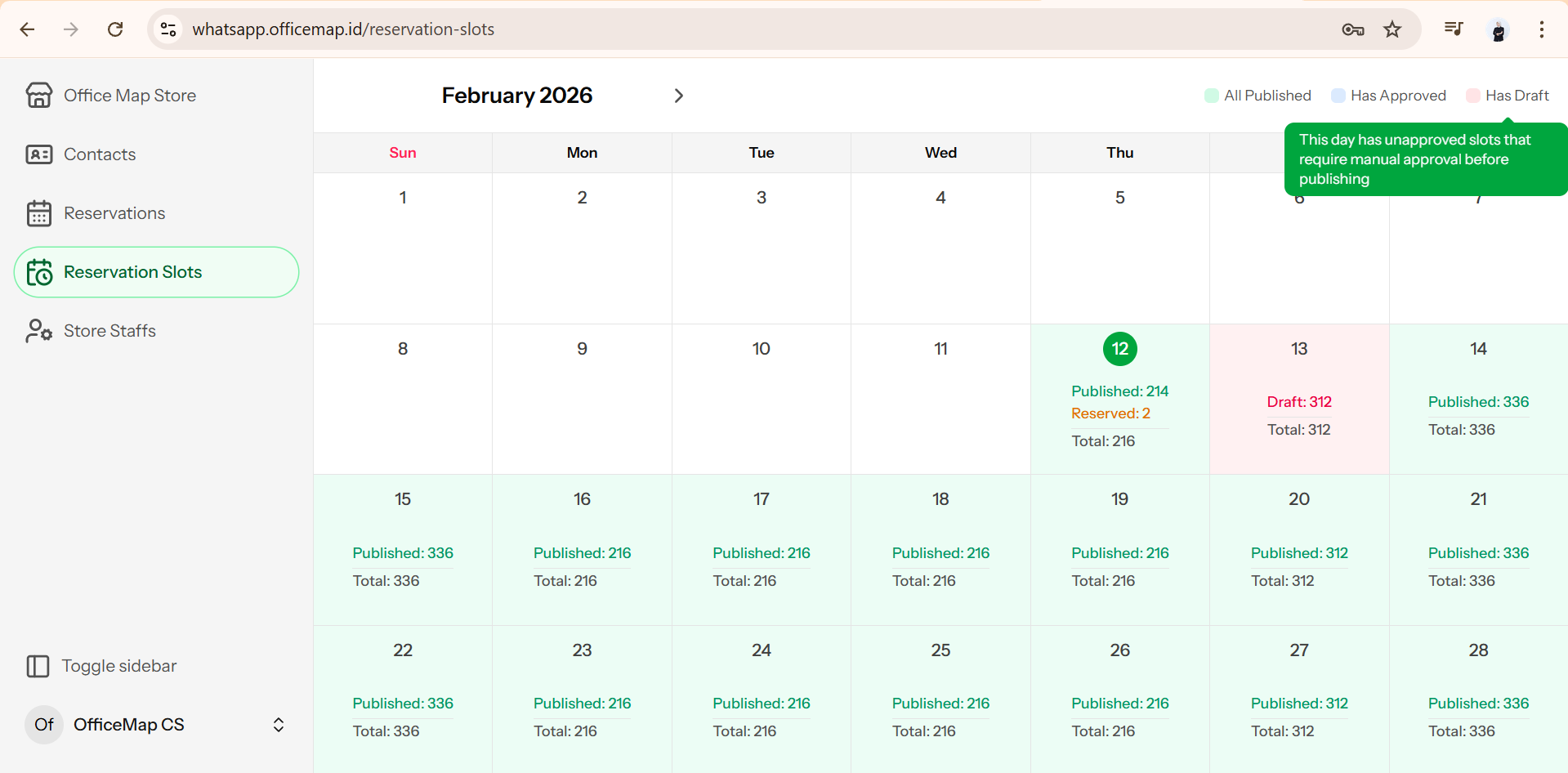 Tampilan Rreservation Slots Dashboard WhatsApp CRM dengan Status Draft