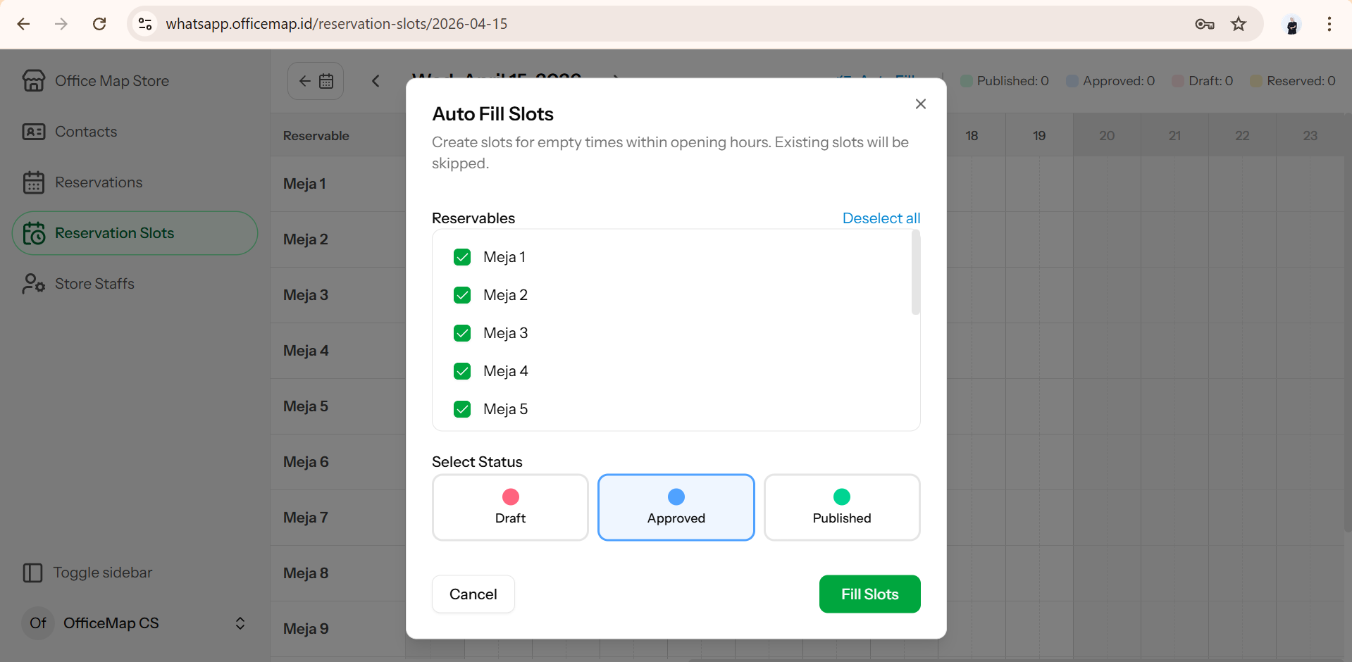 Tampilan Fitur Autofill Slots di dashboard WhatsApp CRM