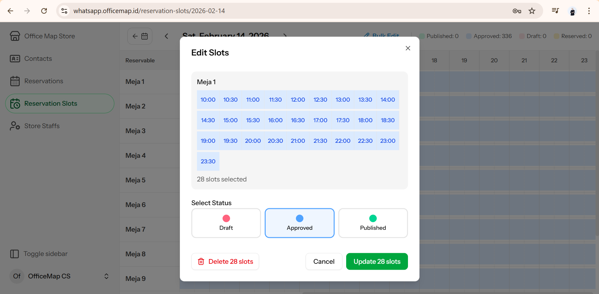 Tampilan Fitur Edit Slots di dashboard WhatsApp CRM untuk mengelola slot